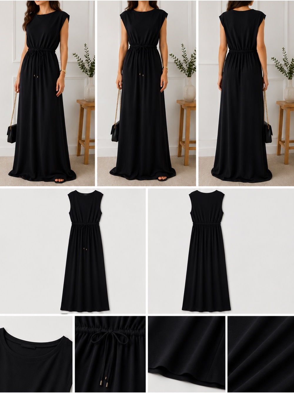 Women’s Black Drawstring Waist Maxi Dress
